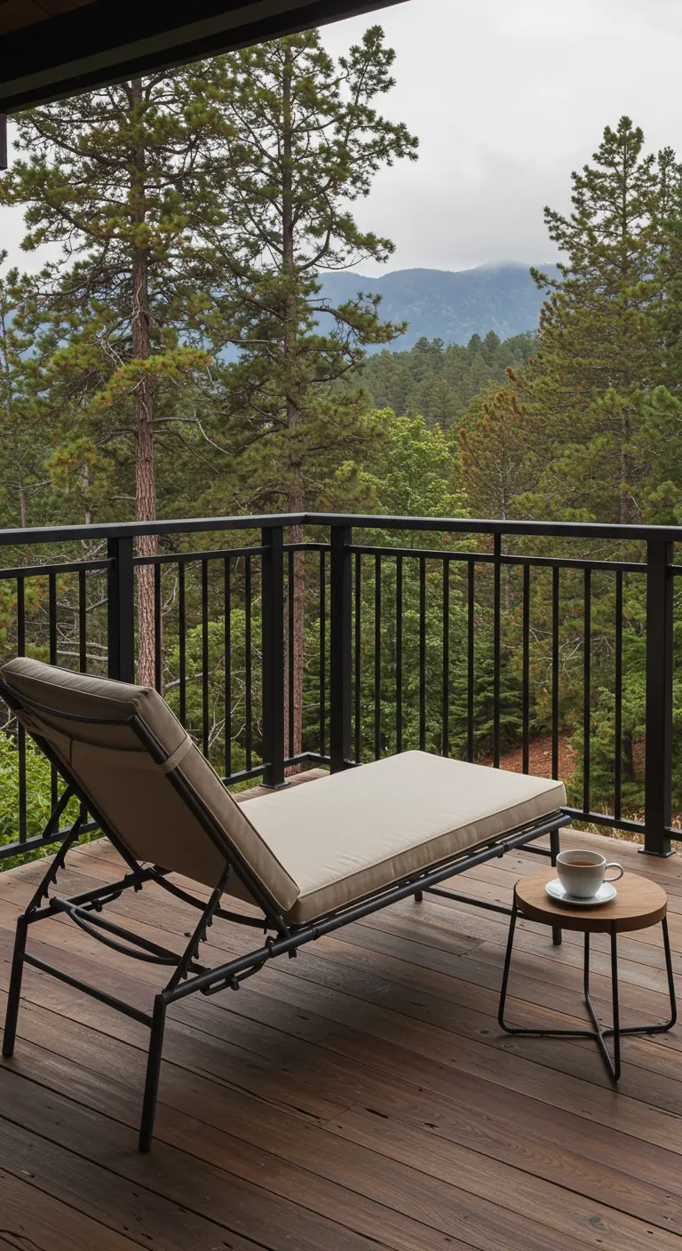 Chaise longue noire et écru sur un balcon en bois avec vue sur une forêt de montagne.
