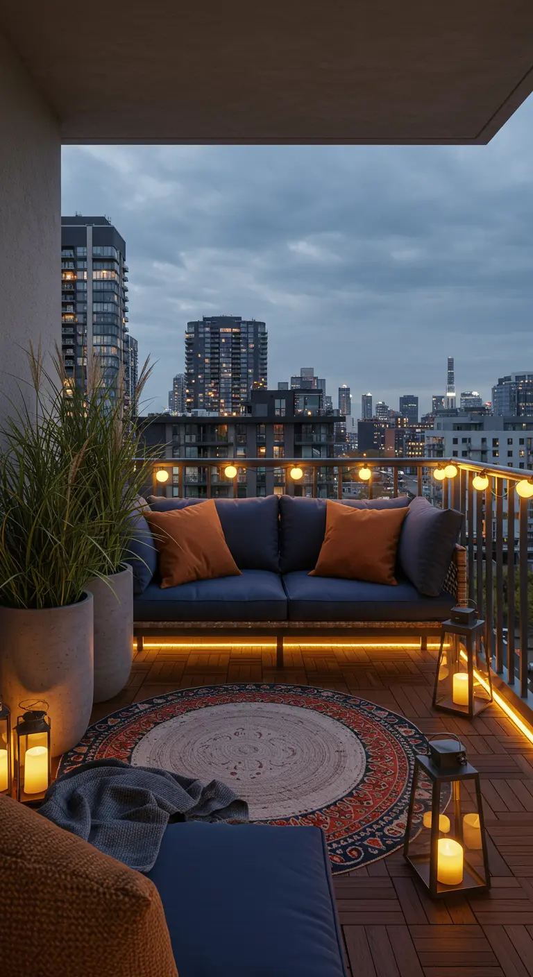 Balcon urbain avec canapé gris, coussins orange, grandes jardinières, guirlandes lumineuses et lanternes.