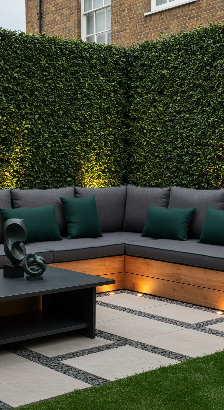 Banquette en bois avec coussins sombres sur patio, éclairage intégré et haie verte.