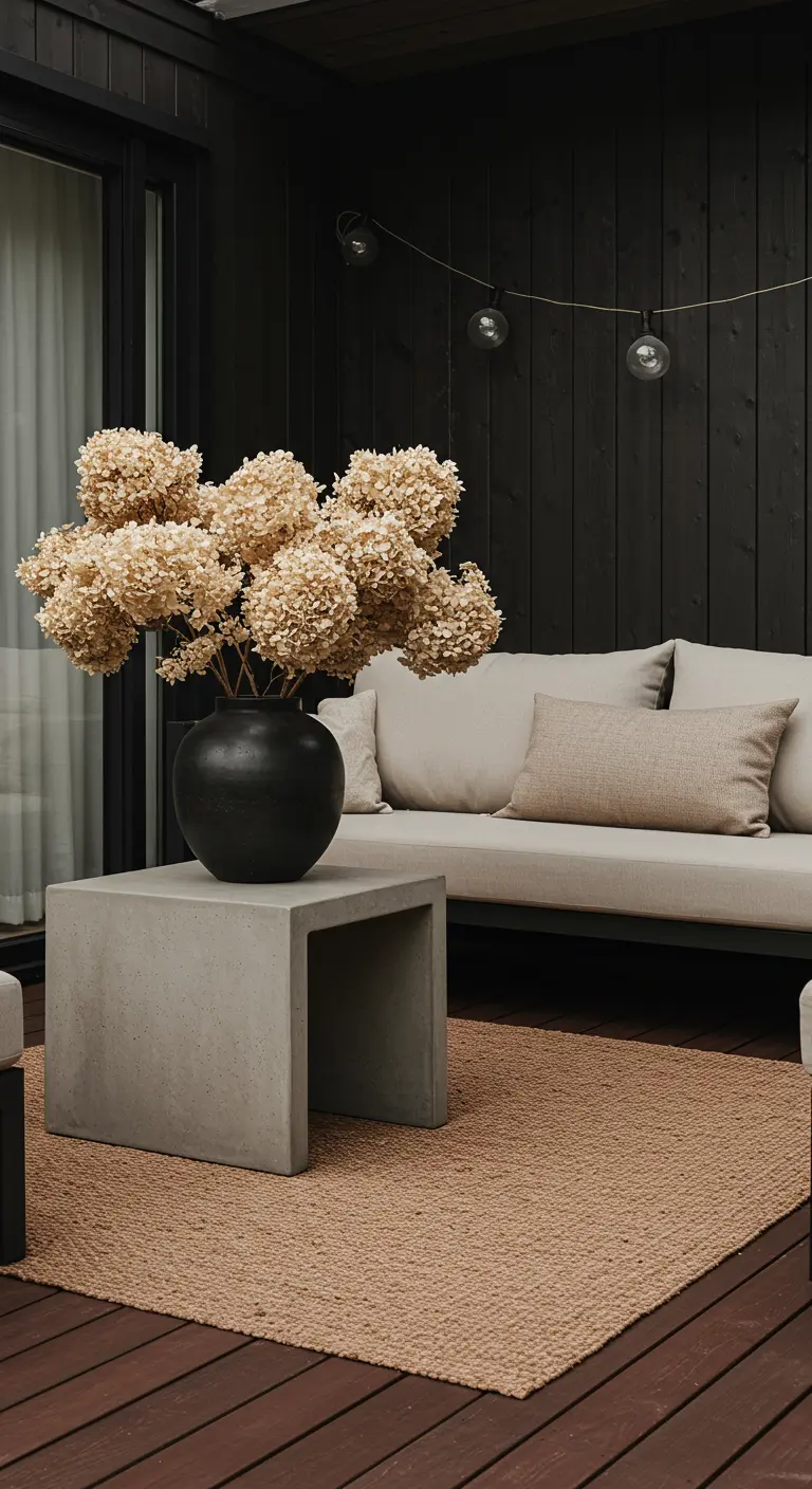 Terrasse moderne avec mur noir, canapé beige, table en béton et tapis en jute.
