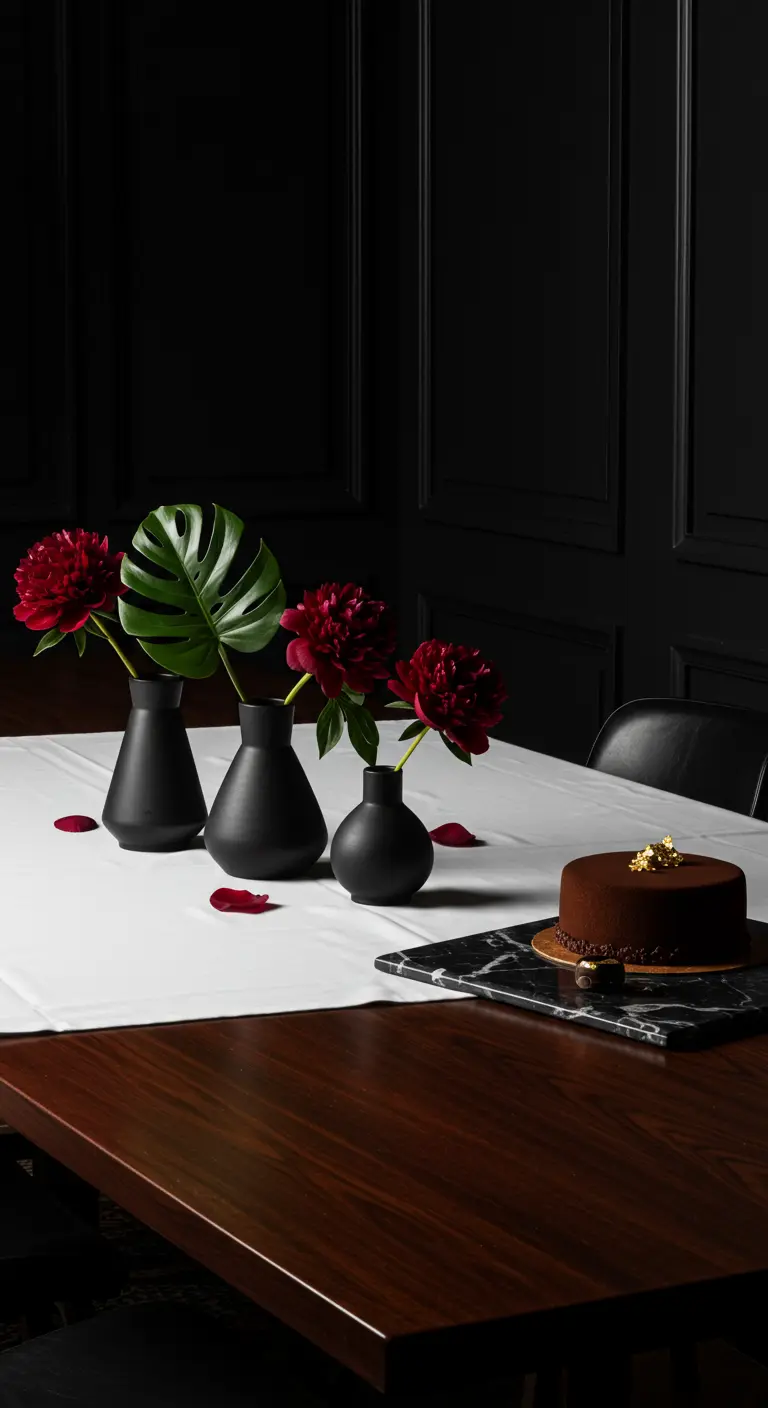Table sombre avec chemin de table blanc, vases noirs, pivoines rouges, feuille de monstera.