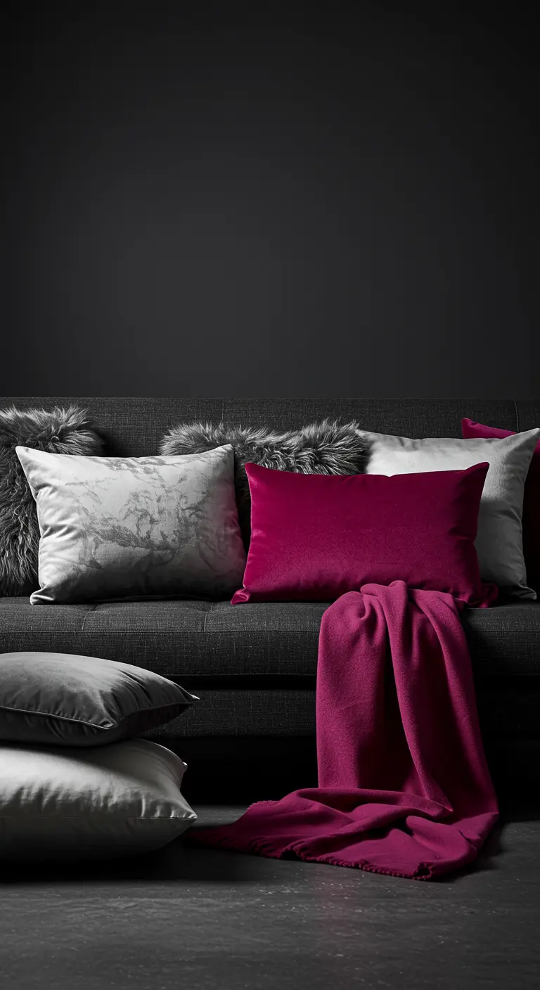 Canapé gris foncé avec des coussins en fausse fourrure grise et un coussin central en velours magenta.
