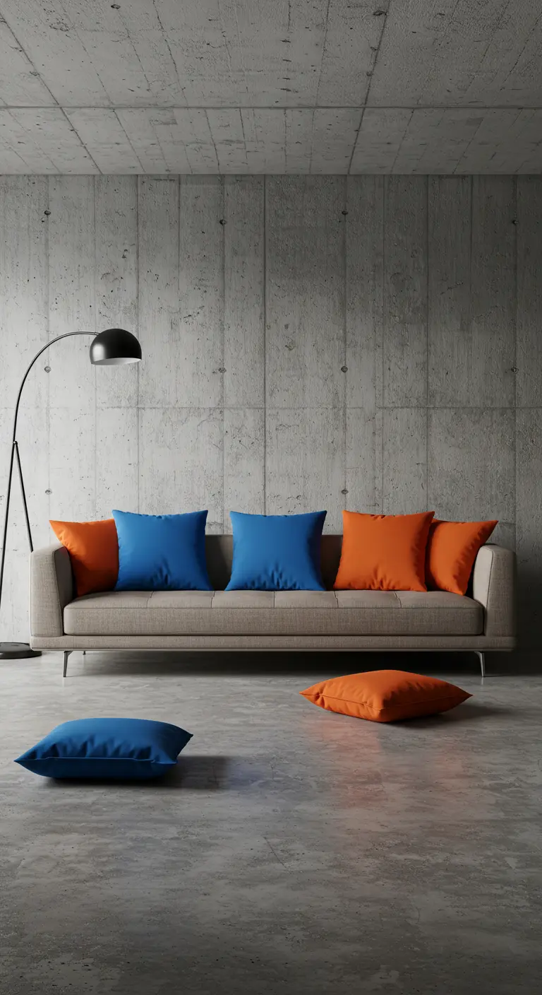 Canapé minimaliste avec coussins orange et bleus vifs dans un décor béton.