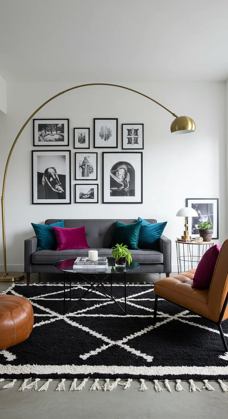 Salon moderne avec un canapé gris, des coussins fuchsia et un tapis berbère noir et blanc.