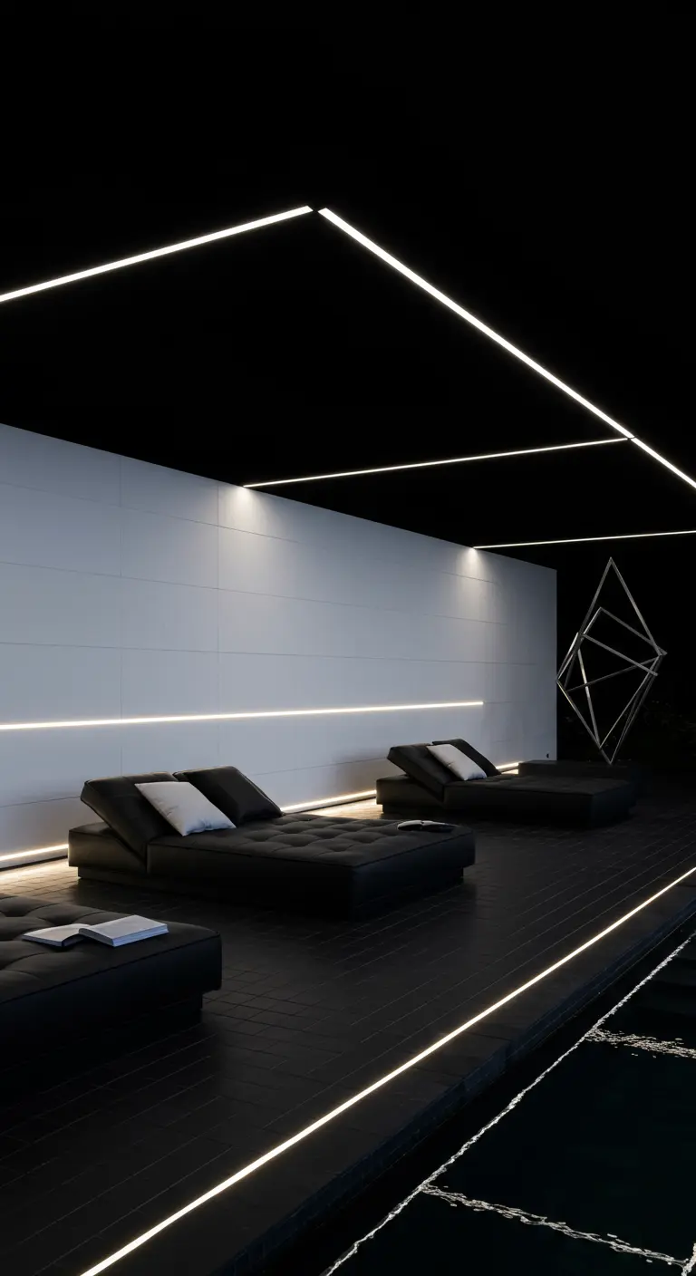 Lounge minimaliste noir et blanc avec chaises longues, lumières LED linéaires et sculpture moderne.