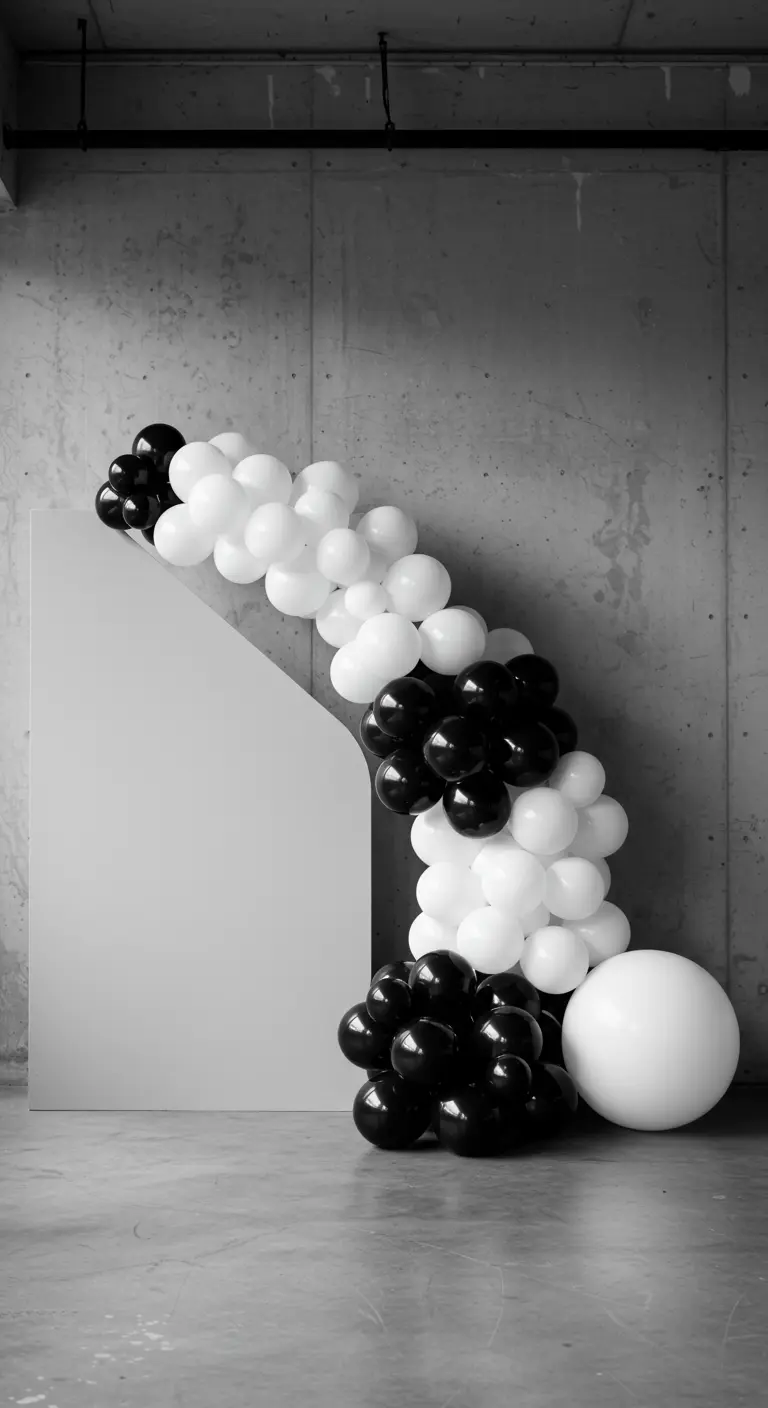 Arche de ballons noirs et blancs au design asymétrique sur fond de béton.
