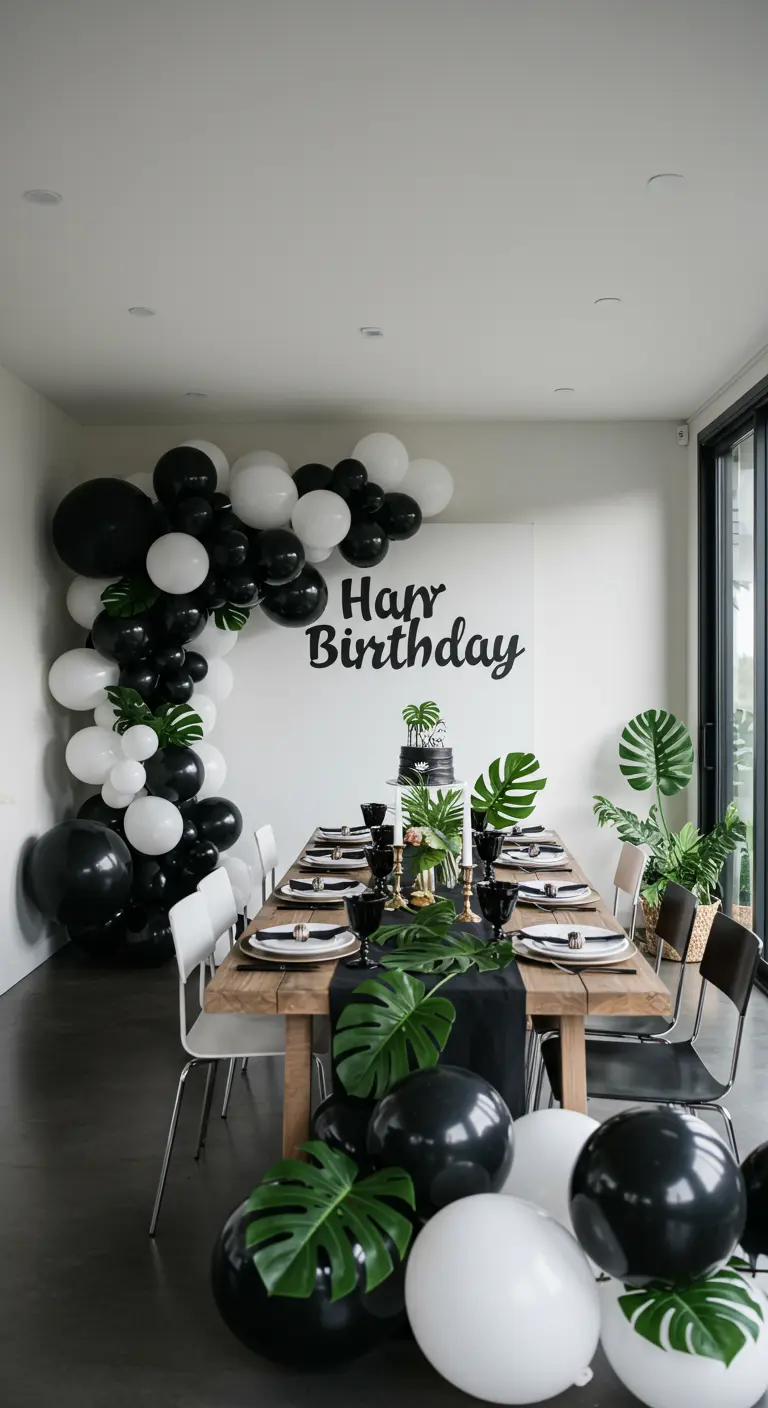 Salle à manger moderne en noir et blanc avec une arche de ballons et des feuilles de monstera.
