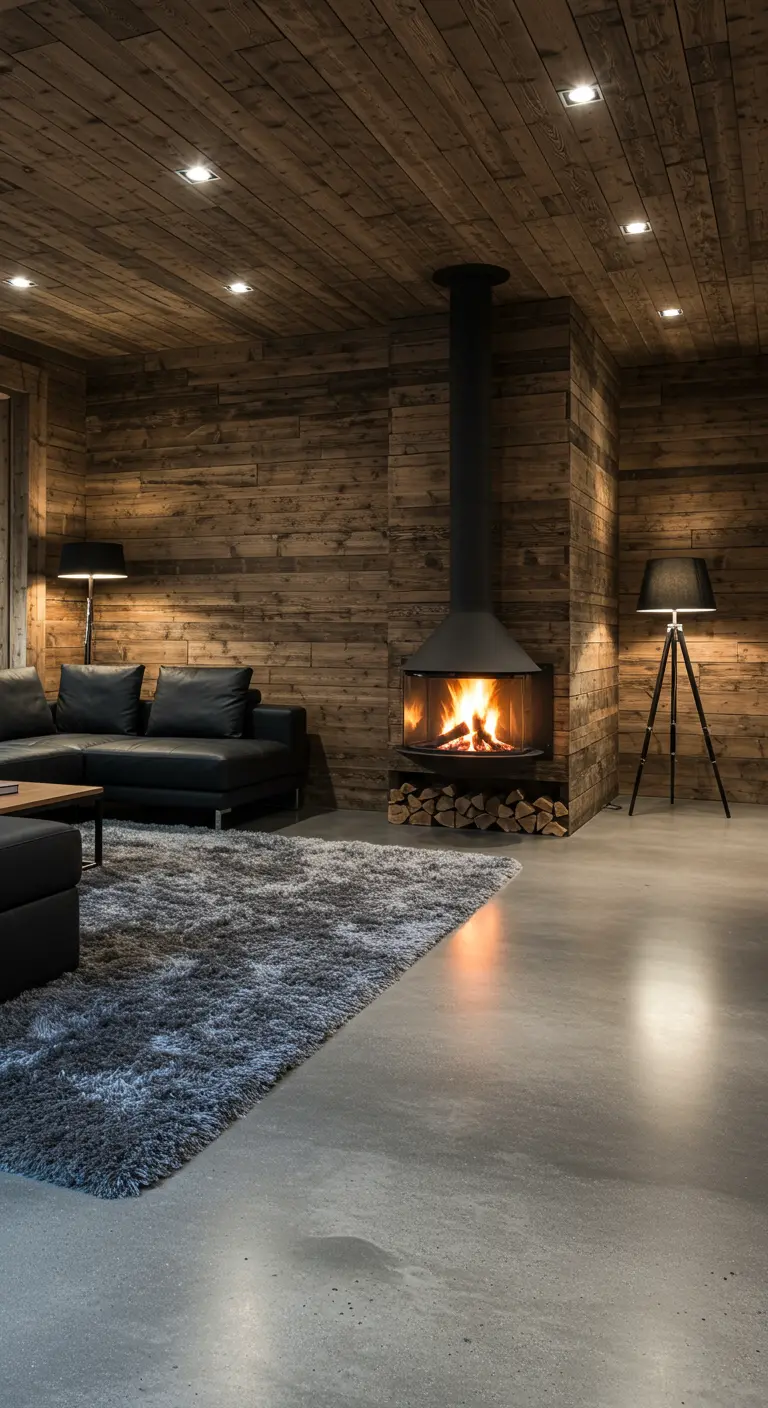 Intérieur de chalet moderne avec murs en bois, sol en béton et cheminée suspendue.