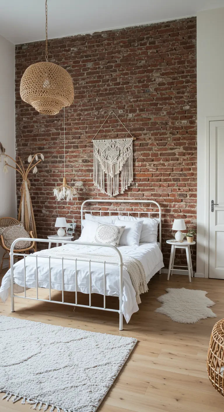 Chambre bohème avec mur de briques rouges, lit en métal blanc, literie blanche et macramé clair.