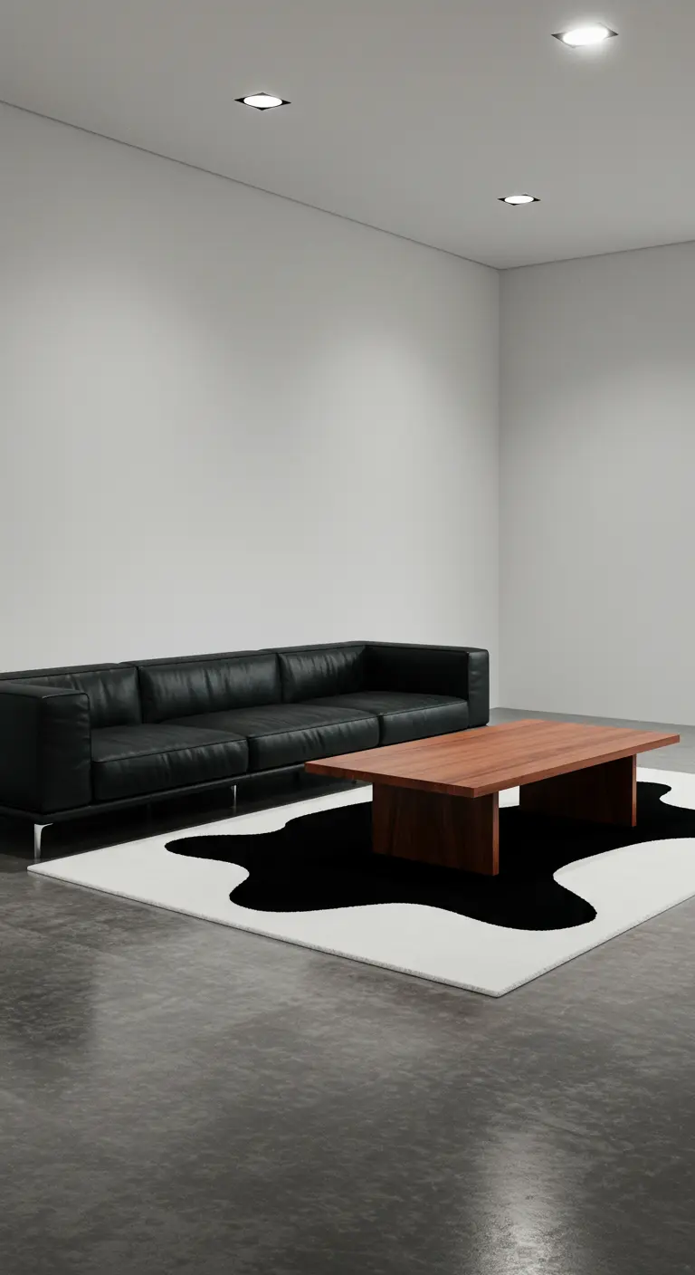 Salon minimaliste avec sol en béton, canapé en cuir noir et tapis blanc à motif noir abstrait.