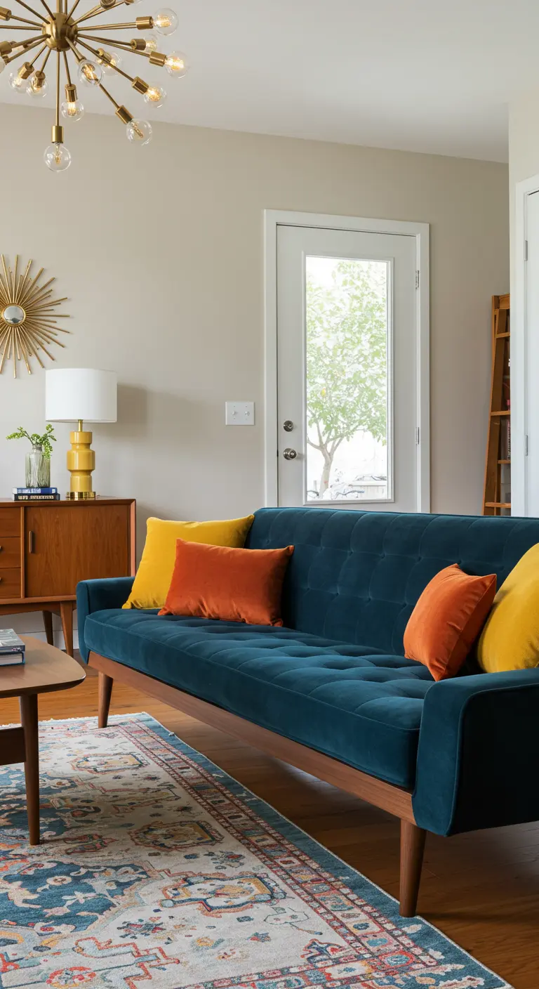 Canapé en velours bleu canard avec des coussins orange brûlé et jaune moutarde.