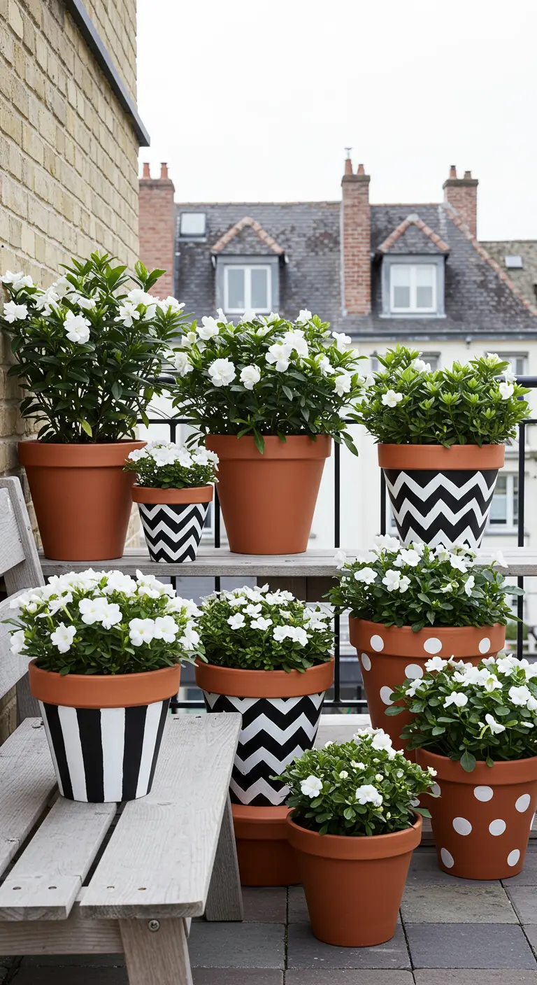 Composition de pots en terre cuite peints de motifs noirs et blancs graphiques.