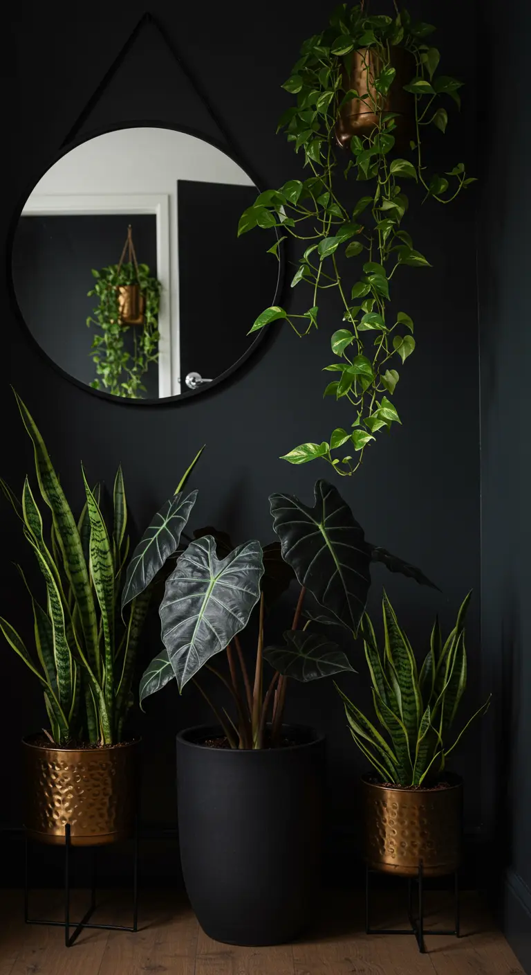 Plantes vertes en pots dorés et noirs devant un mur sombre avec miroir.