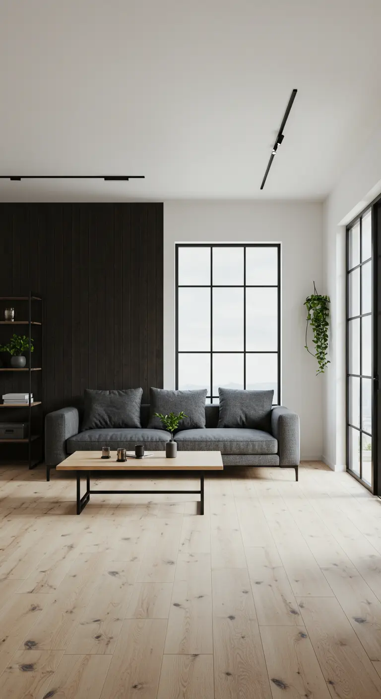 Salon lumineux avec mur d'accent en lattes de bois foncé, canapé gris, table basse en bois et plante suspendue.