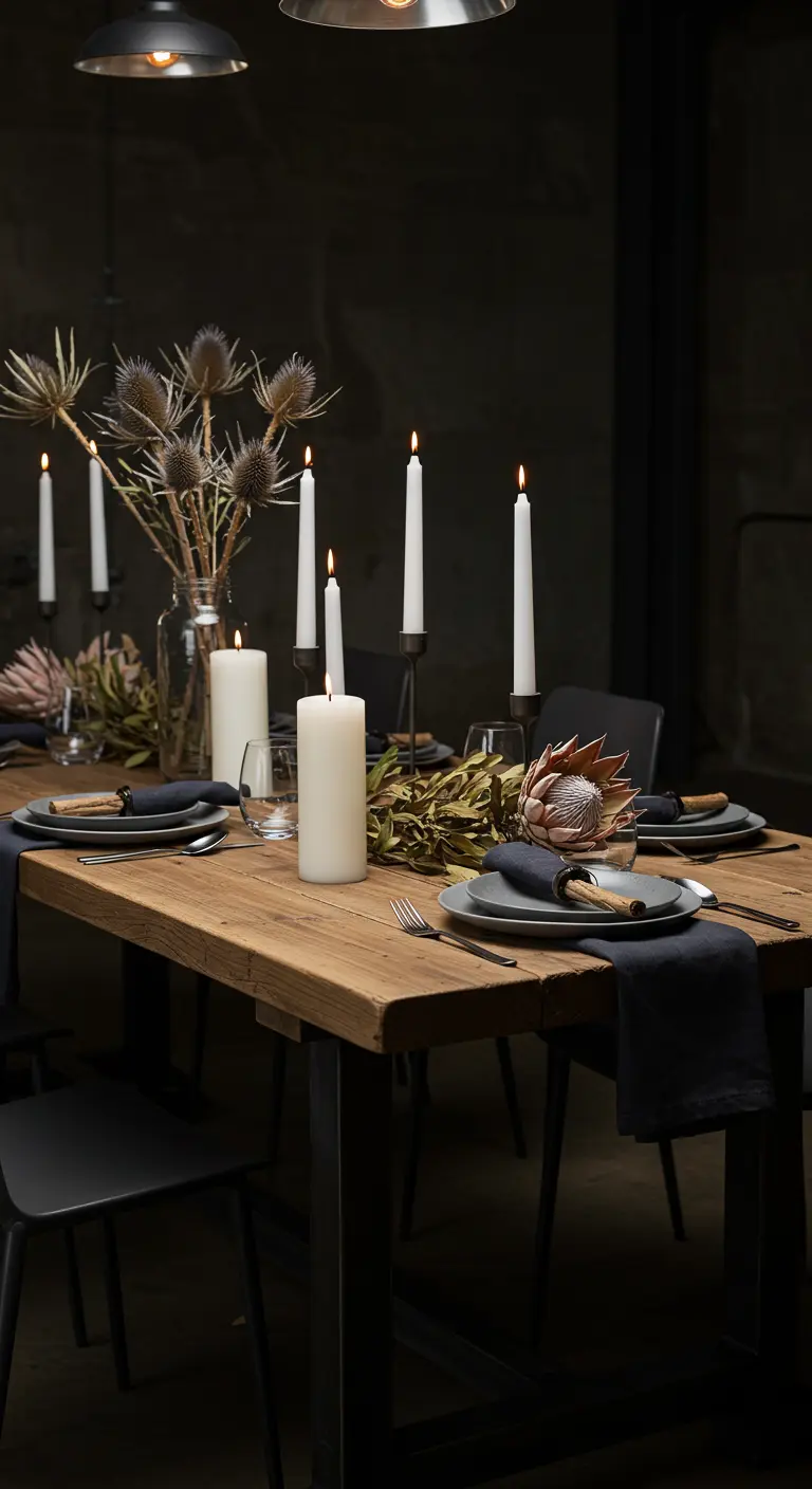 Table en bois foncé, bougies blanches, chardons séchés et protea, ambiance sombre et élégante.