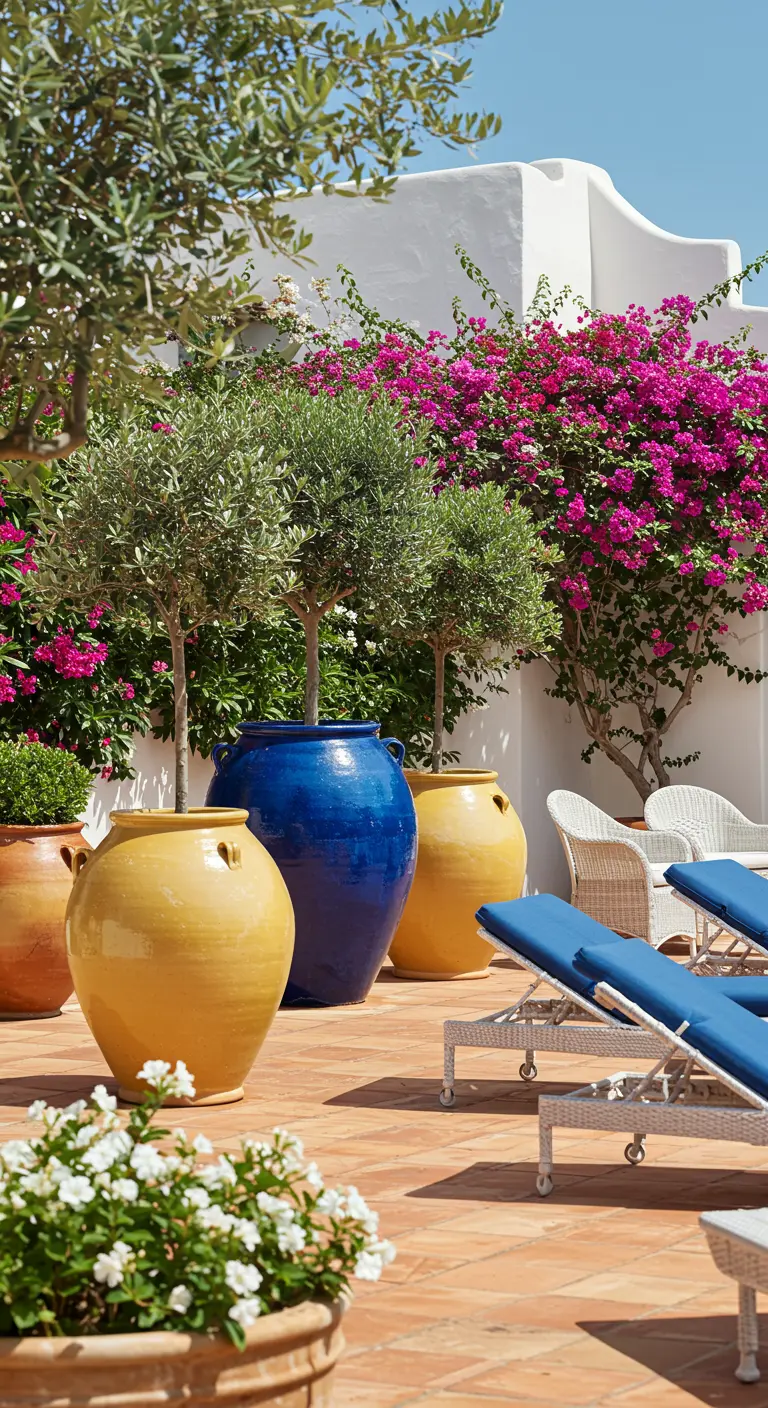 Patio ensoleillé avec de grands pots jaunes et bleu roi, des oliviers, des bougainvillées et des transats bleus.