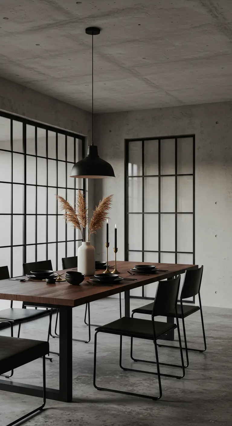 Table industrielle Japandi en bois foncé et métal noir, murs en béton, vase avec pampas, bougies noires.