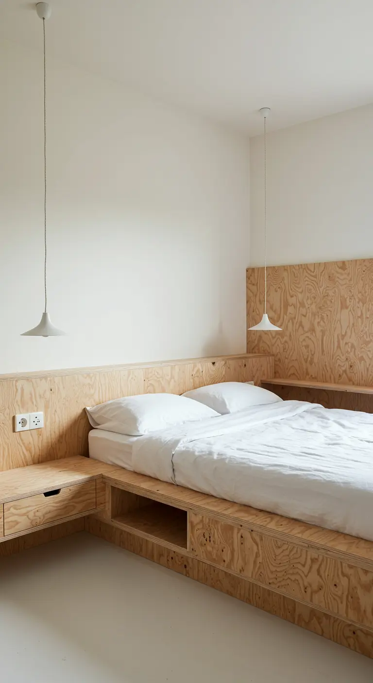 Chambre minimaliste avec une structure de lit et tête de lit sur-mesure en contreplaqué brut.