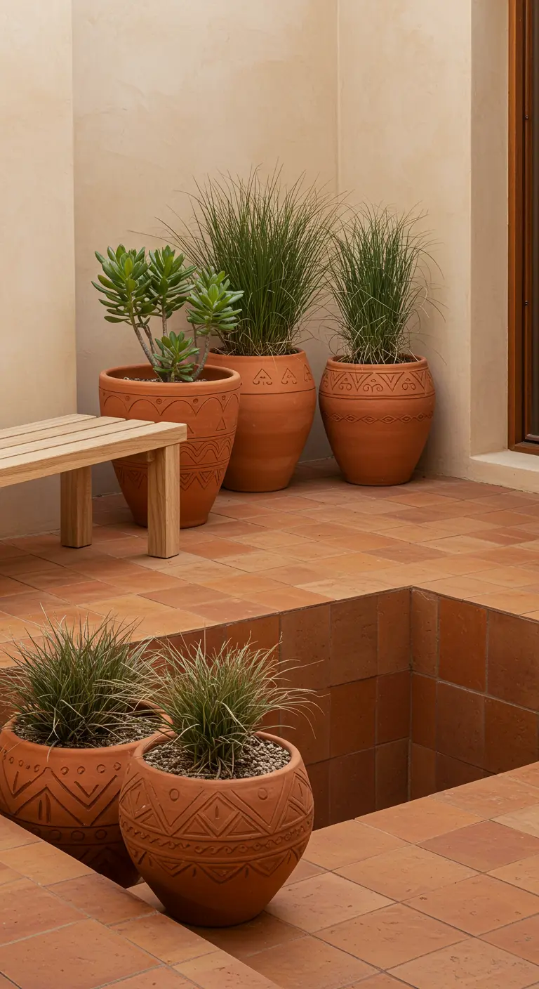 Pots en terre cuite avec des motifs gravés et des graminées sur un patio carrelé.