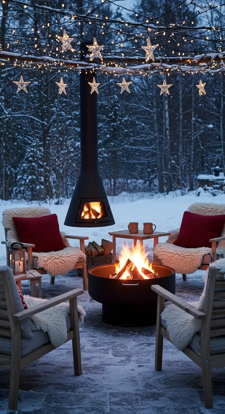 Coin feu extérieur dans la neige avec des chaises, des coussins rouges et des peaux de mouton.