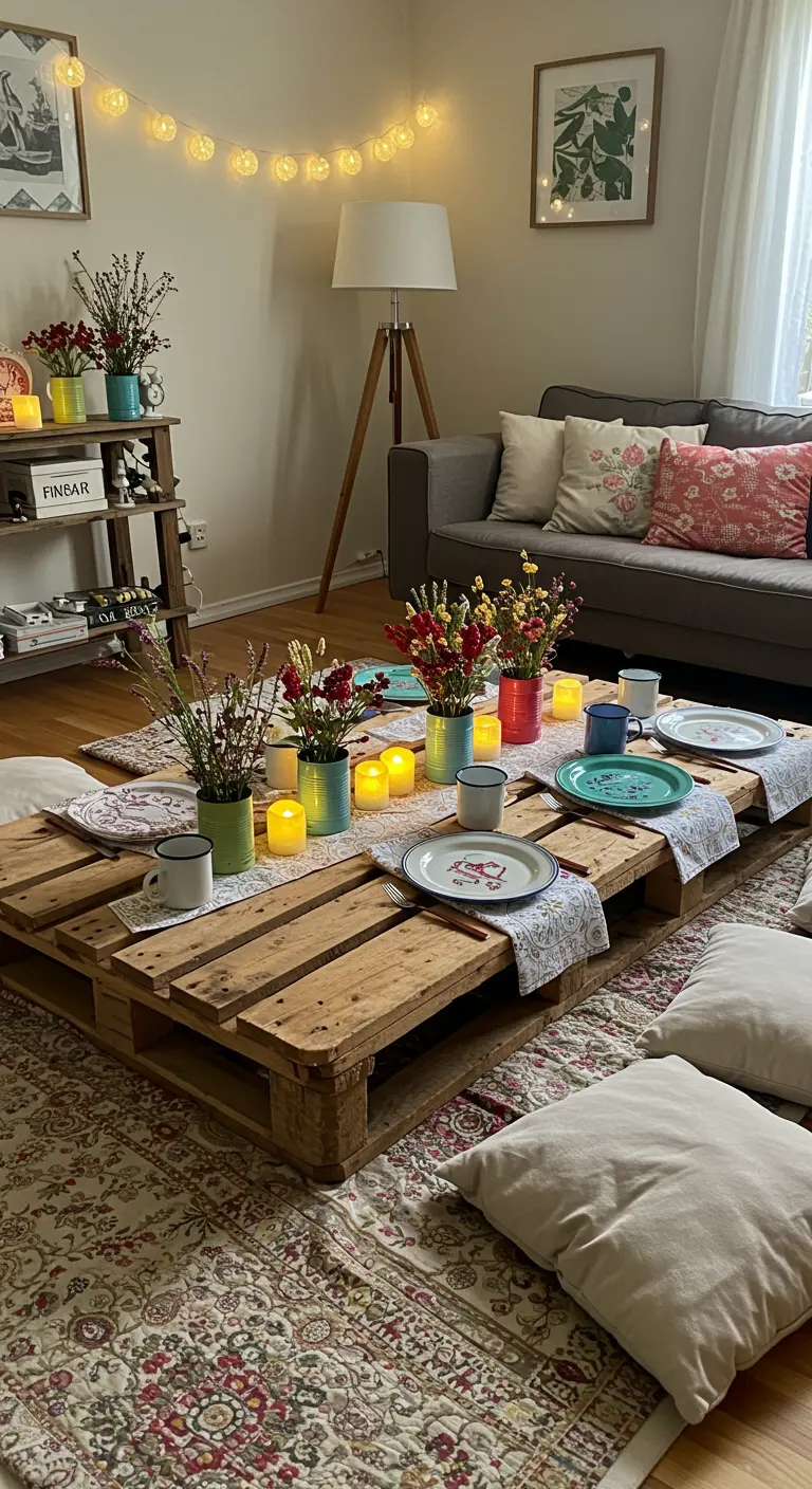 Table basse DIY en palettes avec coussins de sol, bocaux décorés comme vases et guirlande lumineuse, ambiance bohème.