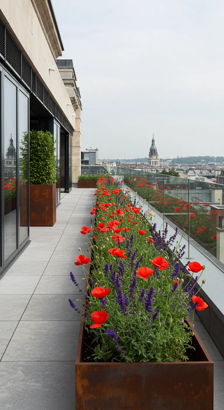 Longue jardinière avec coquelicots rouges et lavande sur un balcon moderne.