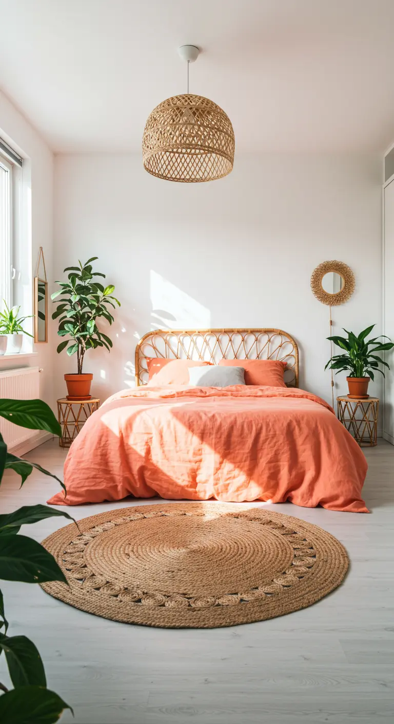 Chambre lumineuse avec lit en rotin, linge de lit corail et tapis en jute.