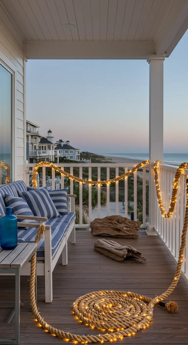 Balcon face à la mer avec corde lumineuse décorative, banc rayé et objets en bois flotté.
