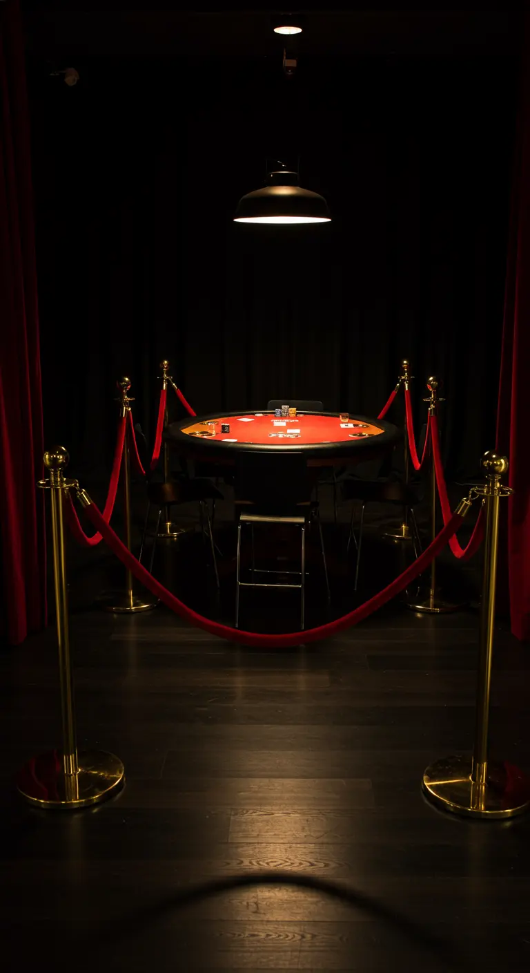 Table de poker dans une zone VIP délimitée par des cordons de velours rouge.