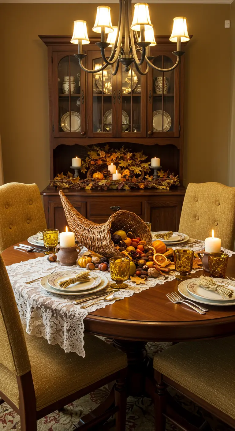 Table ronde en bois avec nappe en dentelle, une corne d'abondance remplie de fruits et noix, et bougies.