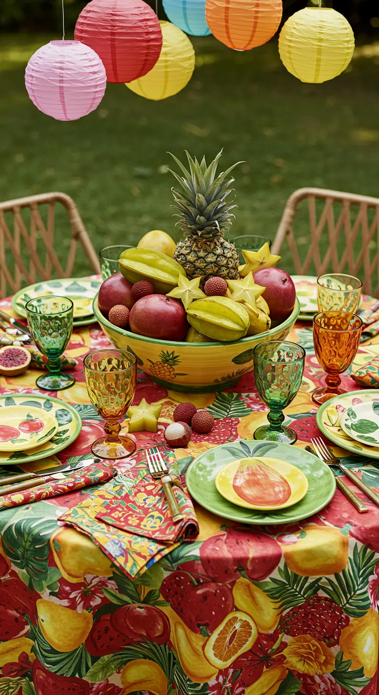 Table de jardin avec nappe fruitée, grand bol de fruits exotiques, ananas, verres colorés et lampions suspendus.