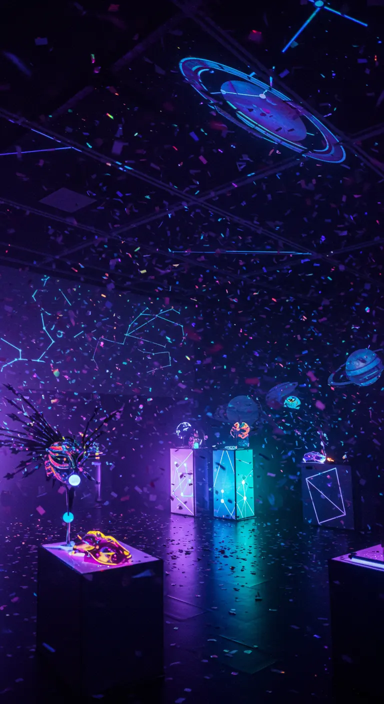 Soirée à thème spatial avec masques, planètes lumineuses et confettis.
