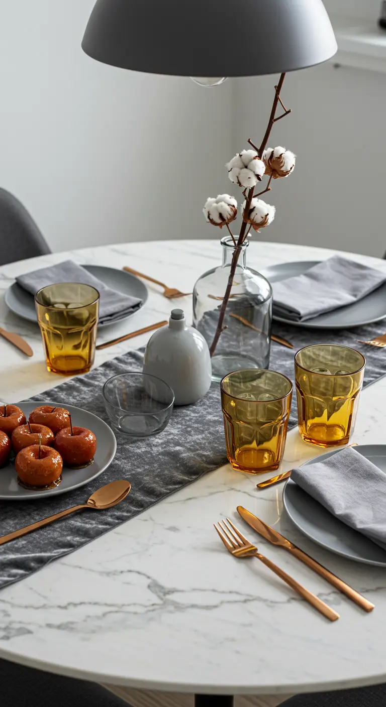 Table moderne en marbre avec chemin de table gris et branches de coton.