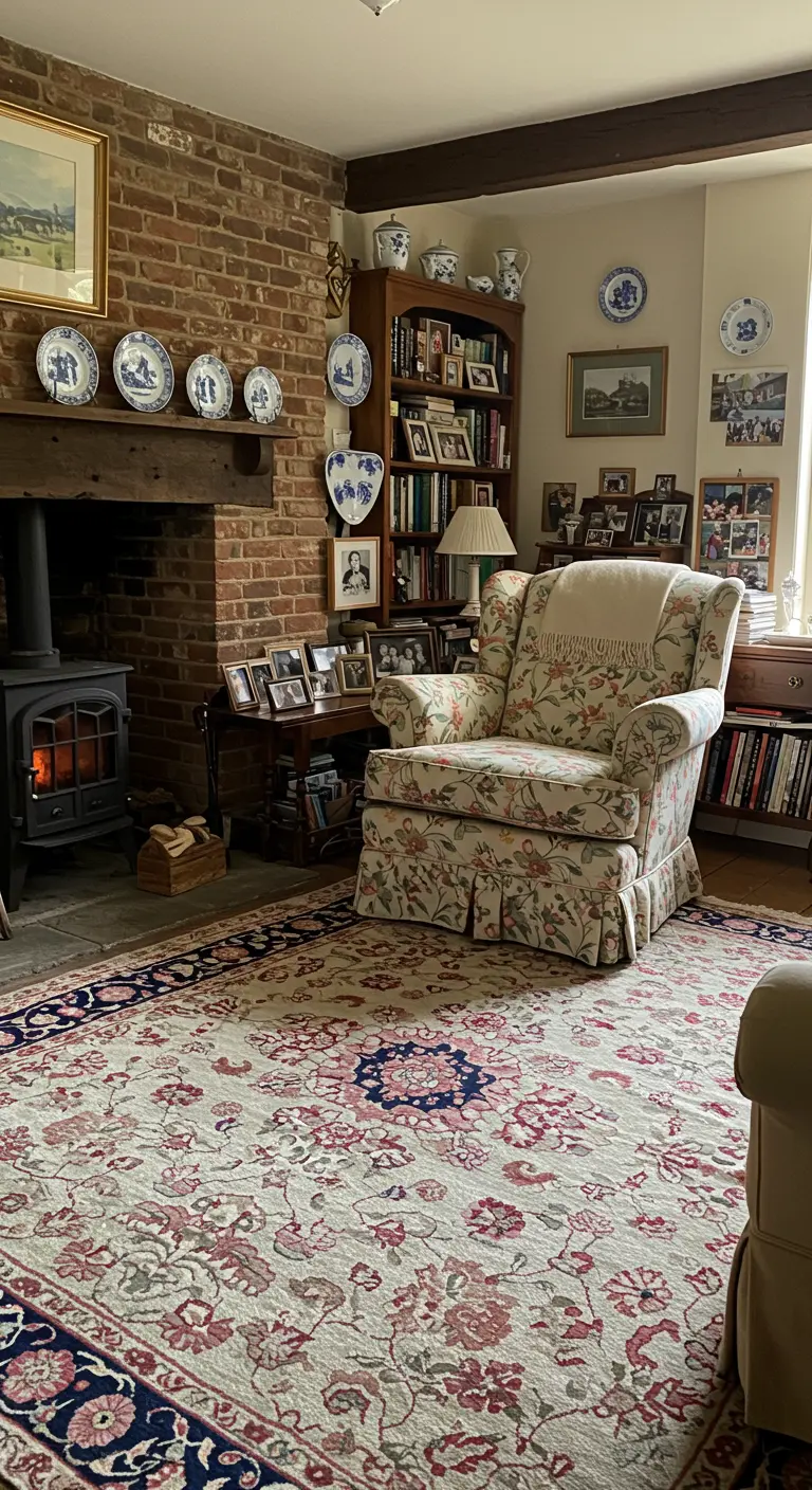Fauteuil fleuri près d'une cheminée en briques dans un cottage anglais.