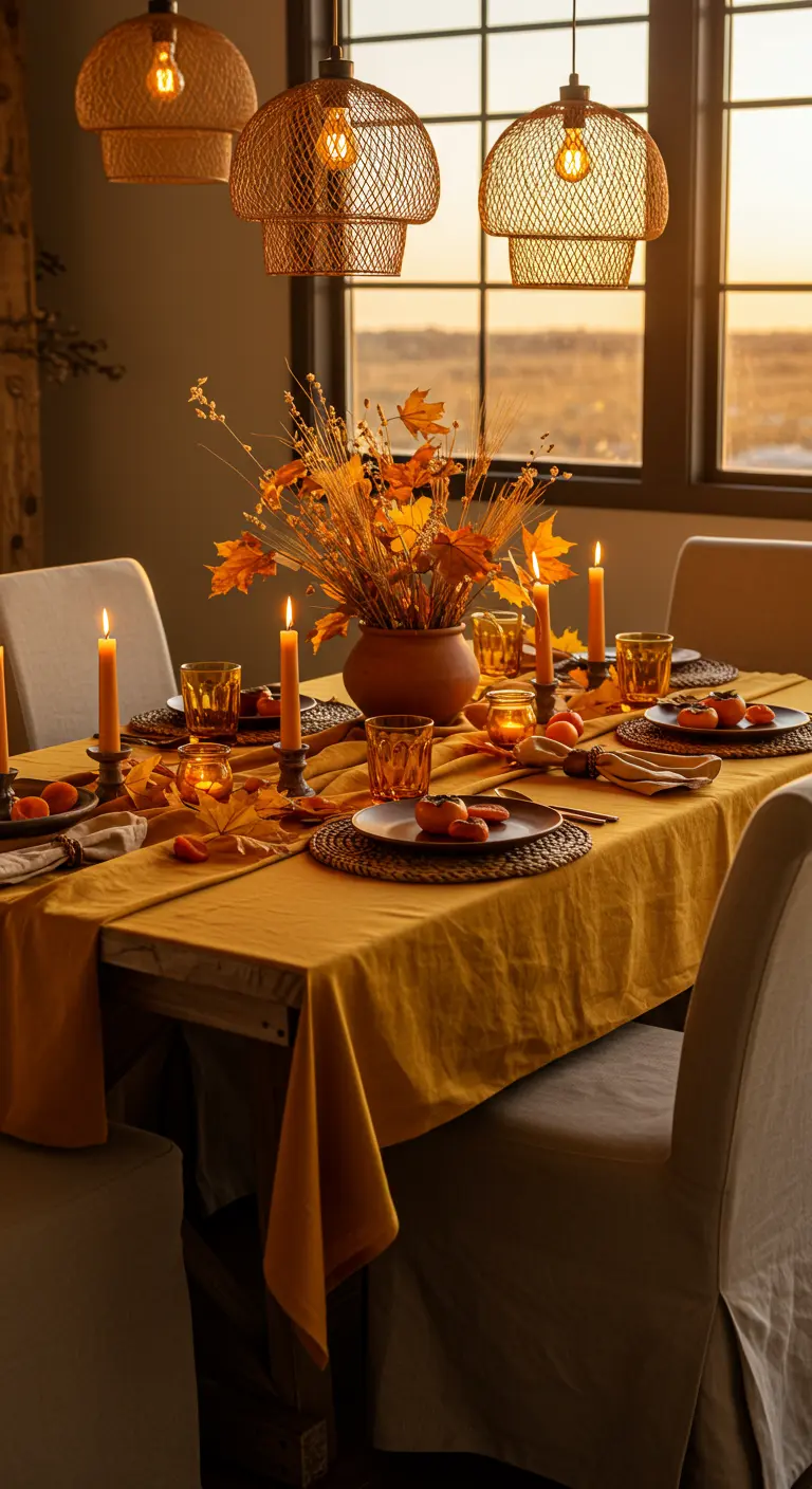 Table avec nappe jaune moutarde, vase en terre cuite rempli de feuilles d'automne et bougies orange, au coucher du soleil.