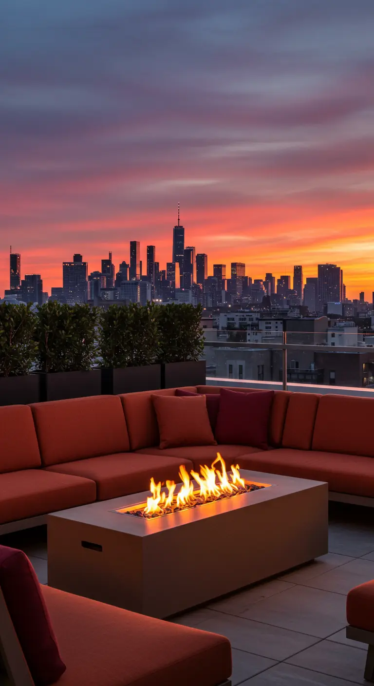 Terrasse sur un toit avec un foyer central allumé et un canapé orange au coucher du soleil.