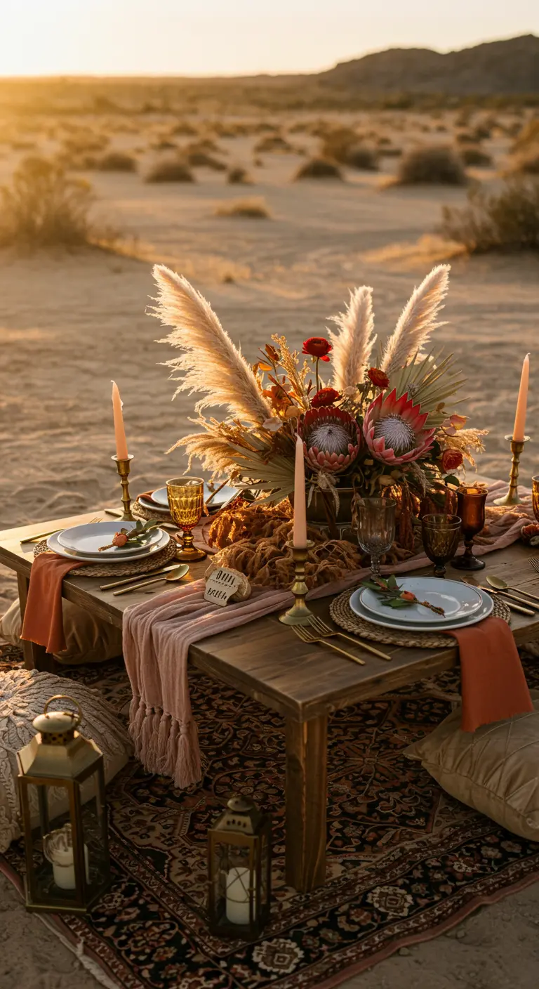 Centre de table bohème avec pampa et proteas dans le désert.