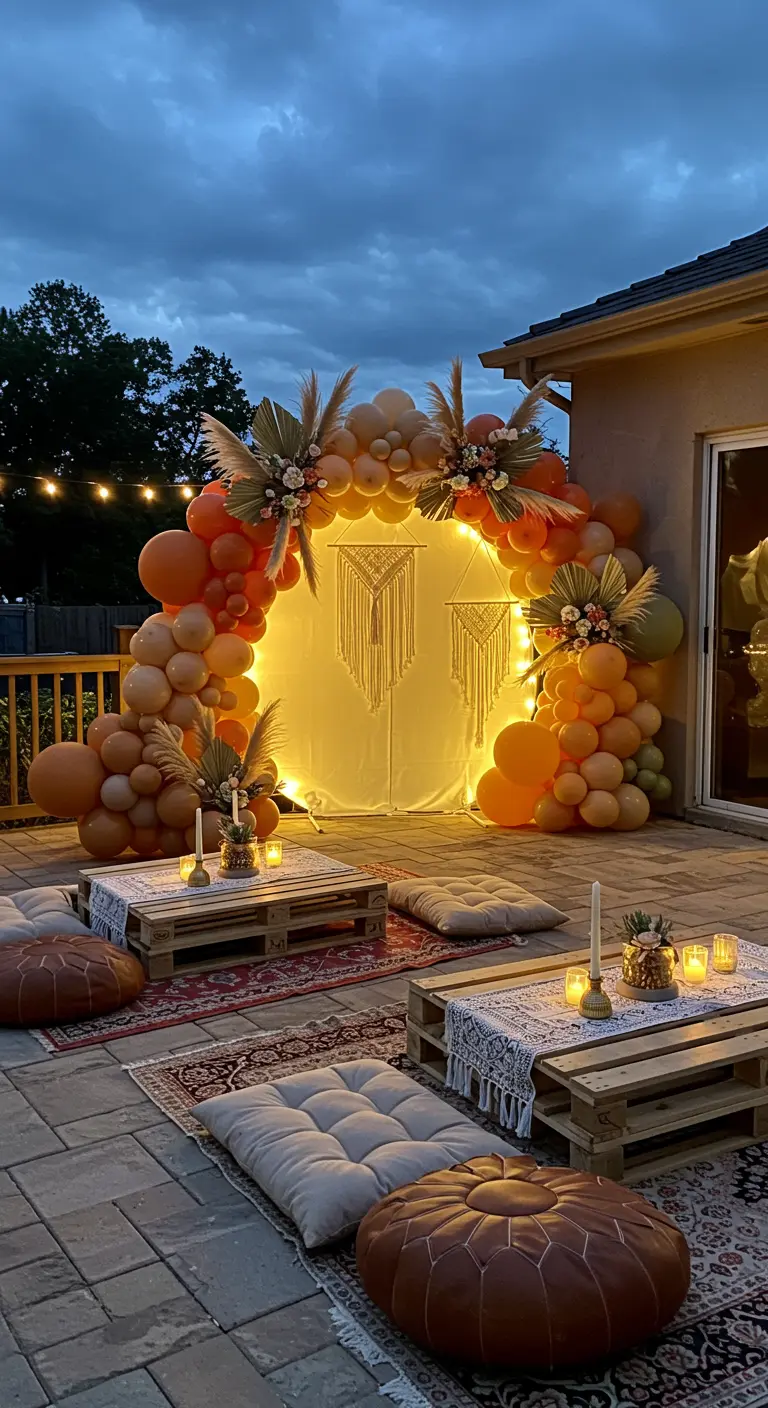 Arche de ballons terracotta et beige sur une terrasse avec un décor bohème.