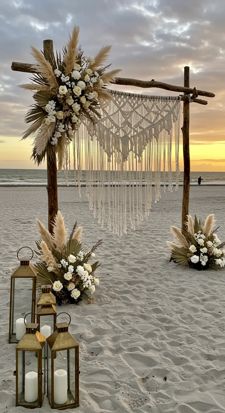Arche de mariage bohème sur la plage avec macramé et herbe de la pampa.