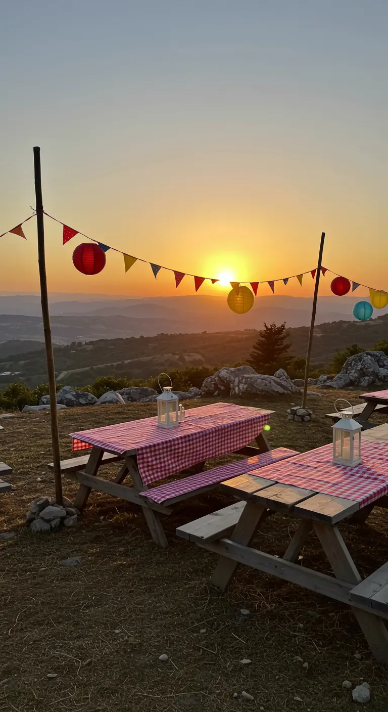 Fête au coucher du soleil avec tables de pique-nique, nappes vichy, lampions colorés et vue panoramique.