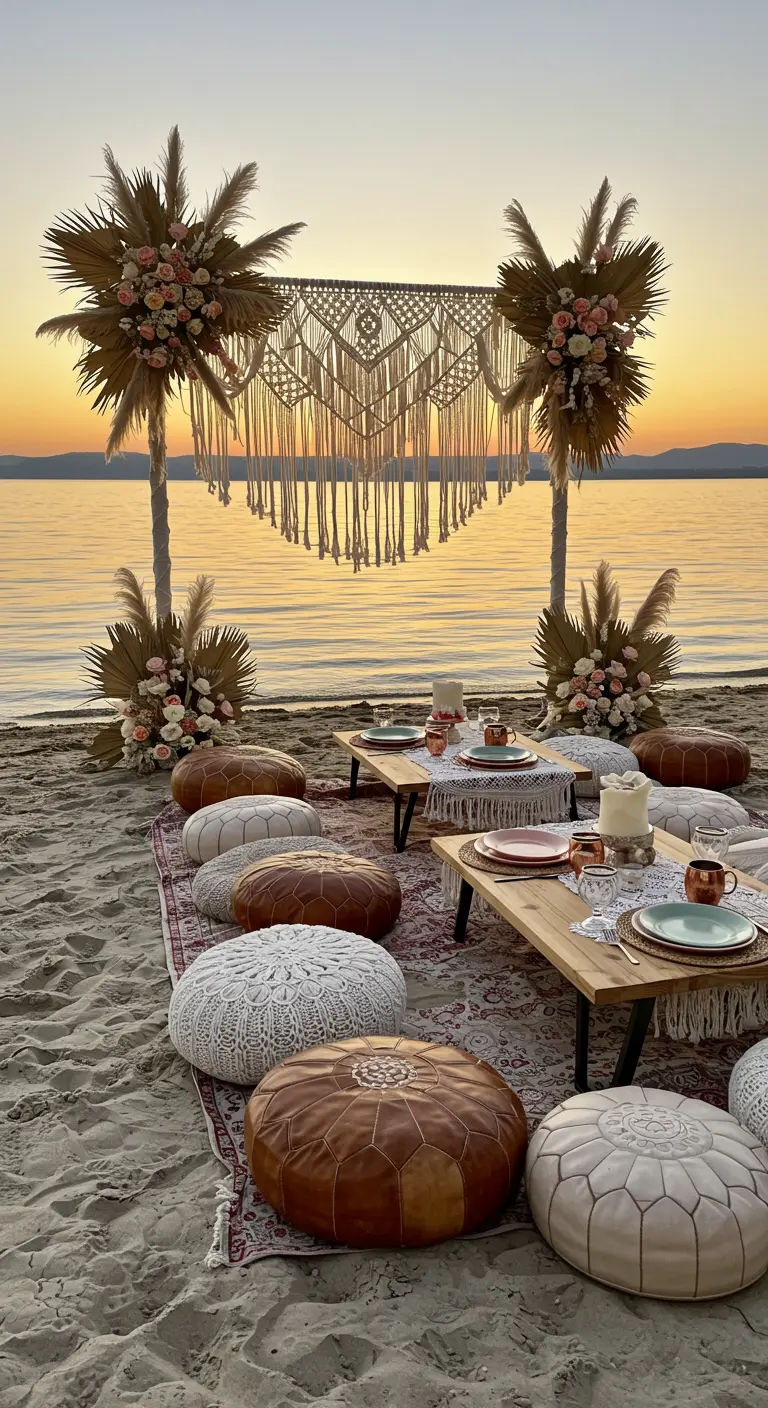 Scène de plage bohème au coucher du soleil avec macramé, poufs et herbe de la pampa.