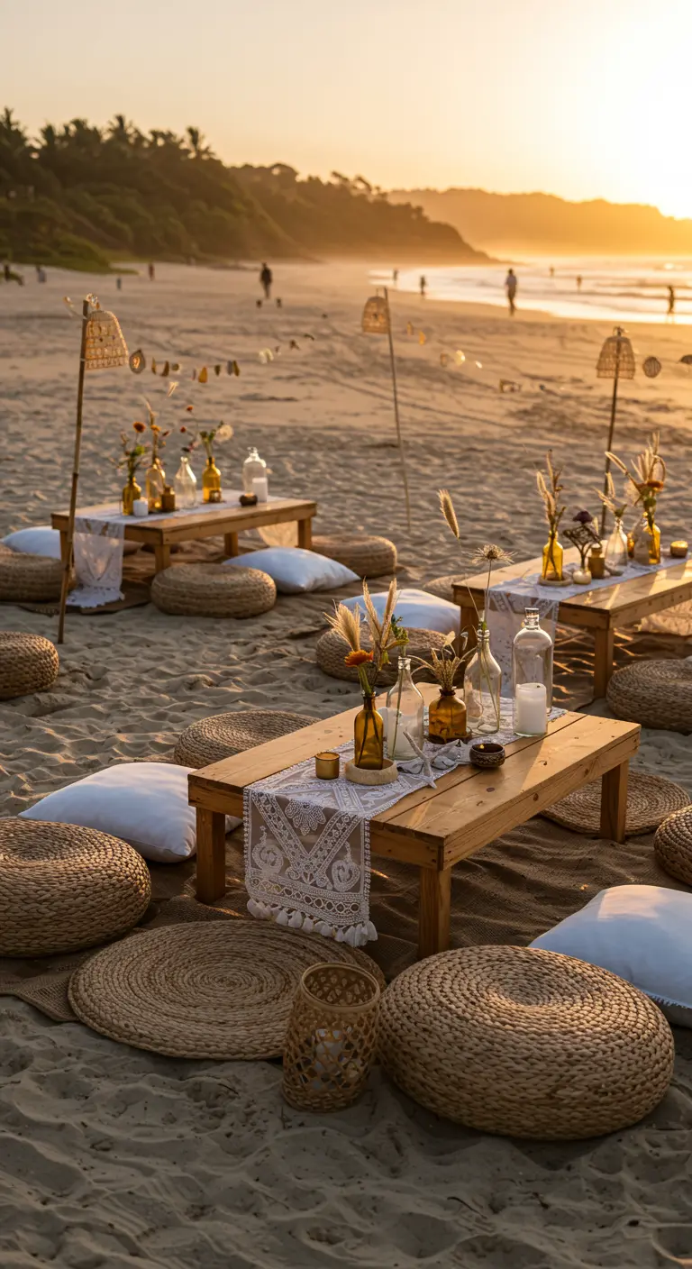 Tables basses bohèmes sur la plage au coucher du soleil, coussins au sol, bouteilles de fleurs séchées.