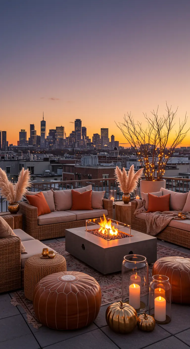Rooftop avec brasero, vue sur la ville, et déco bohème automnale.