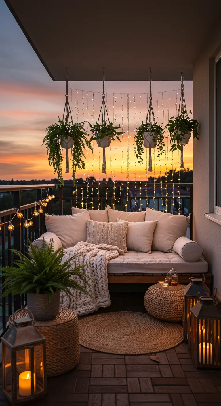 Balcon bohème avec canapé, coussins, plantes suspendues et rideau de lumières.
