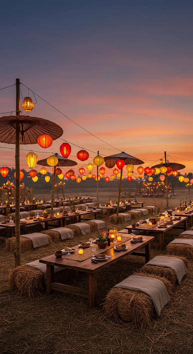 Dîner champêtre au coucher du soleil avec longues tables, ballots de paille, lampions et ombrées suspendues.