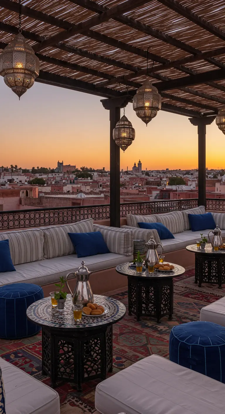 Rooftop marocain au coucher du soleil avec canapés blancs, coussins bleus, tables basses et lanternes.