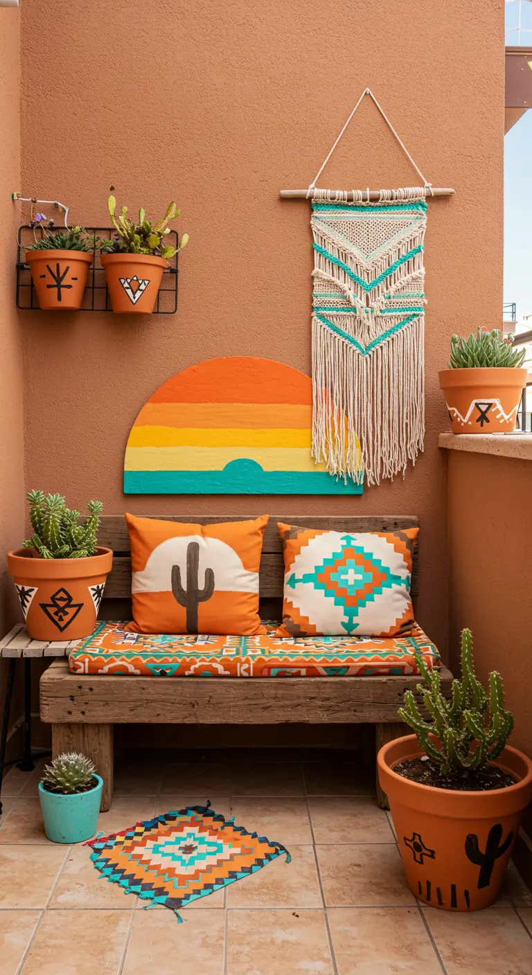 Décor de balcon de style sud-ouest avec des pots peints et des cactus.