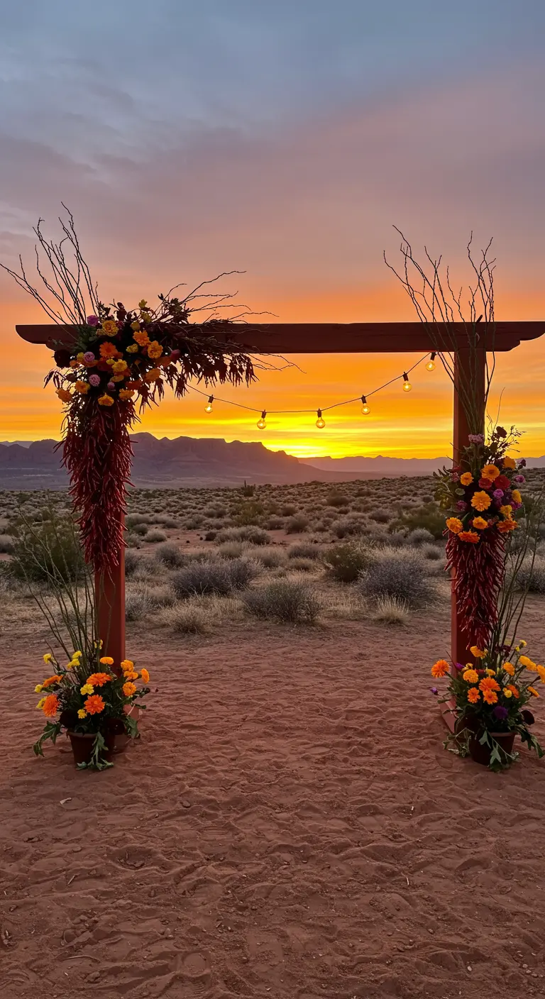 Arche de mariage en bois décorée de fleurs et piments, face à un coucher de soleil dans le désert.