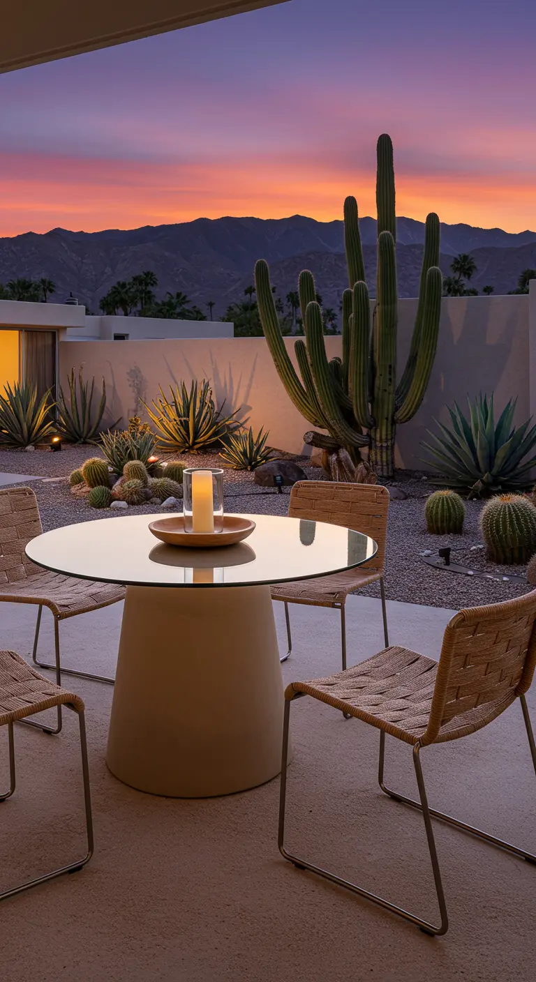 Table avec pied cylindrique dans un jardin de cactus au crépuscule.