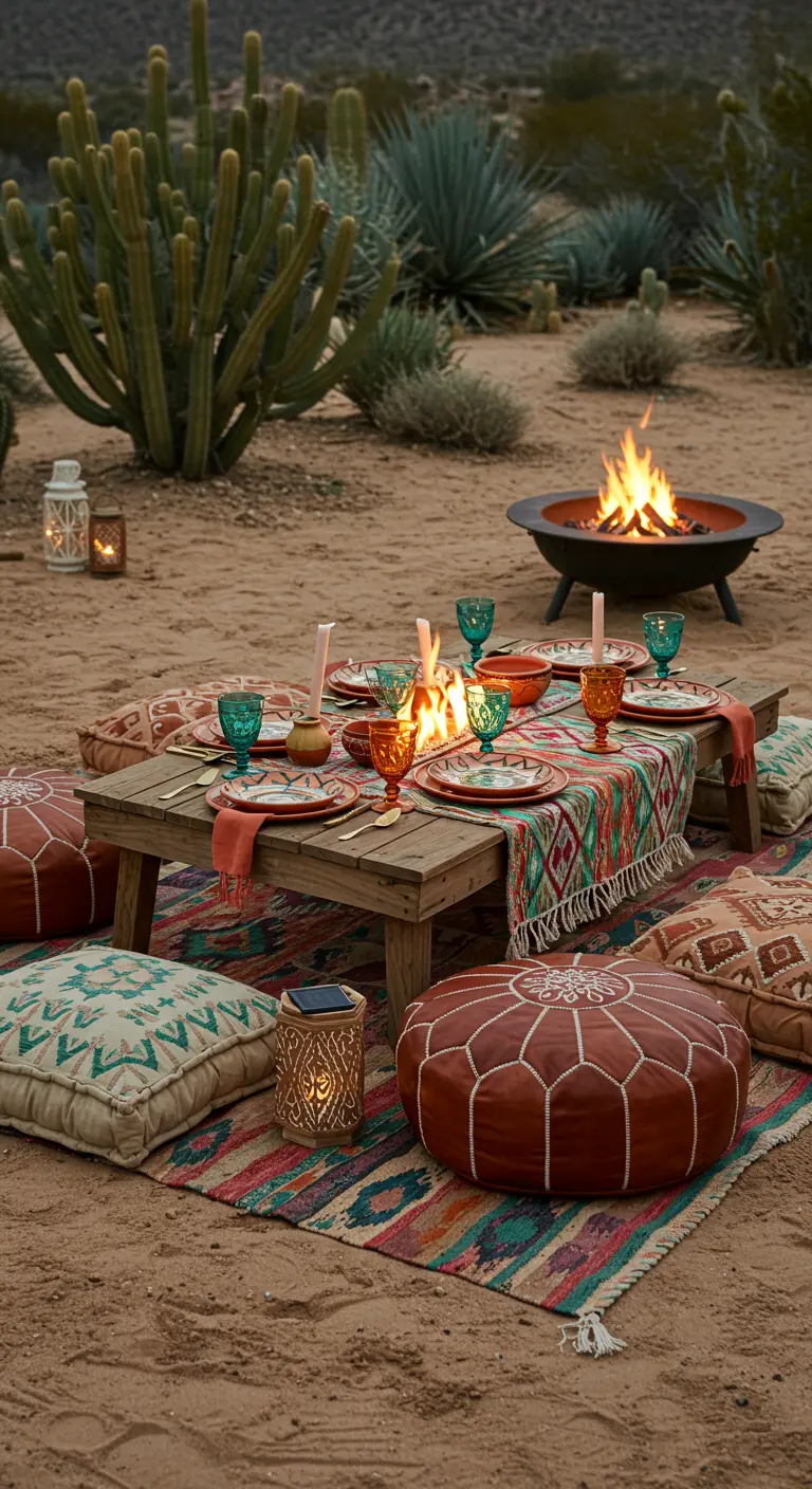Table basse dans le désert avec chemin de table géométrique et brasero.